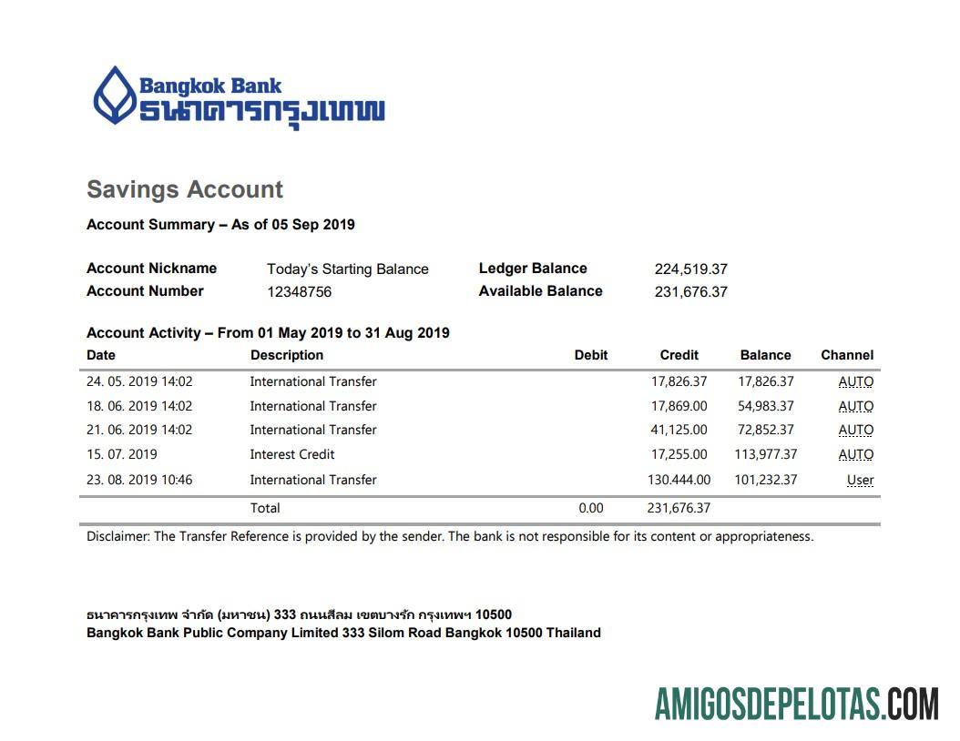 Modelo de extrato de conta poupança do banco Tailândia Bangkok em branco em formato Word e PDF
